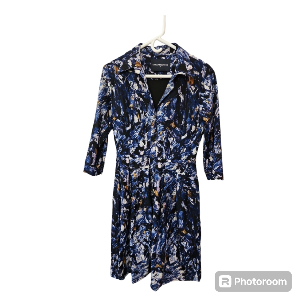 Samantha Sung Size 6 Button Up Printed 3/4 Sleeve Pleated Skirt Wool Silk Dress